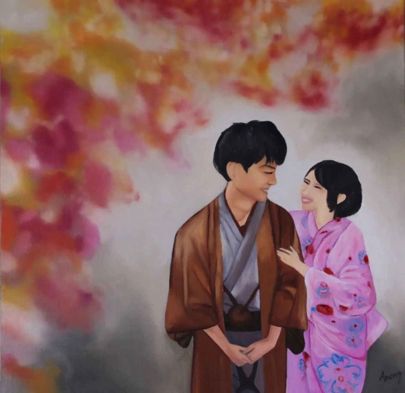 Couple japonais, huile sur toile d'Anong Lopes