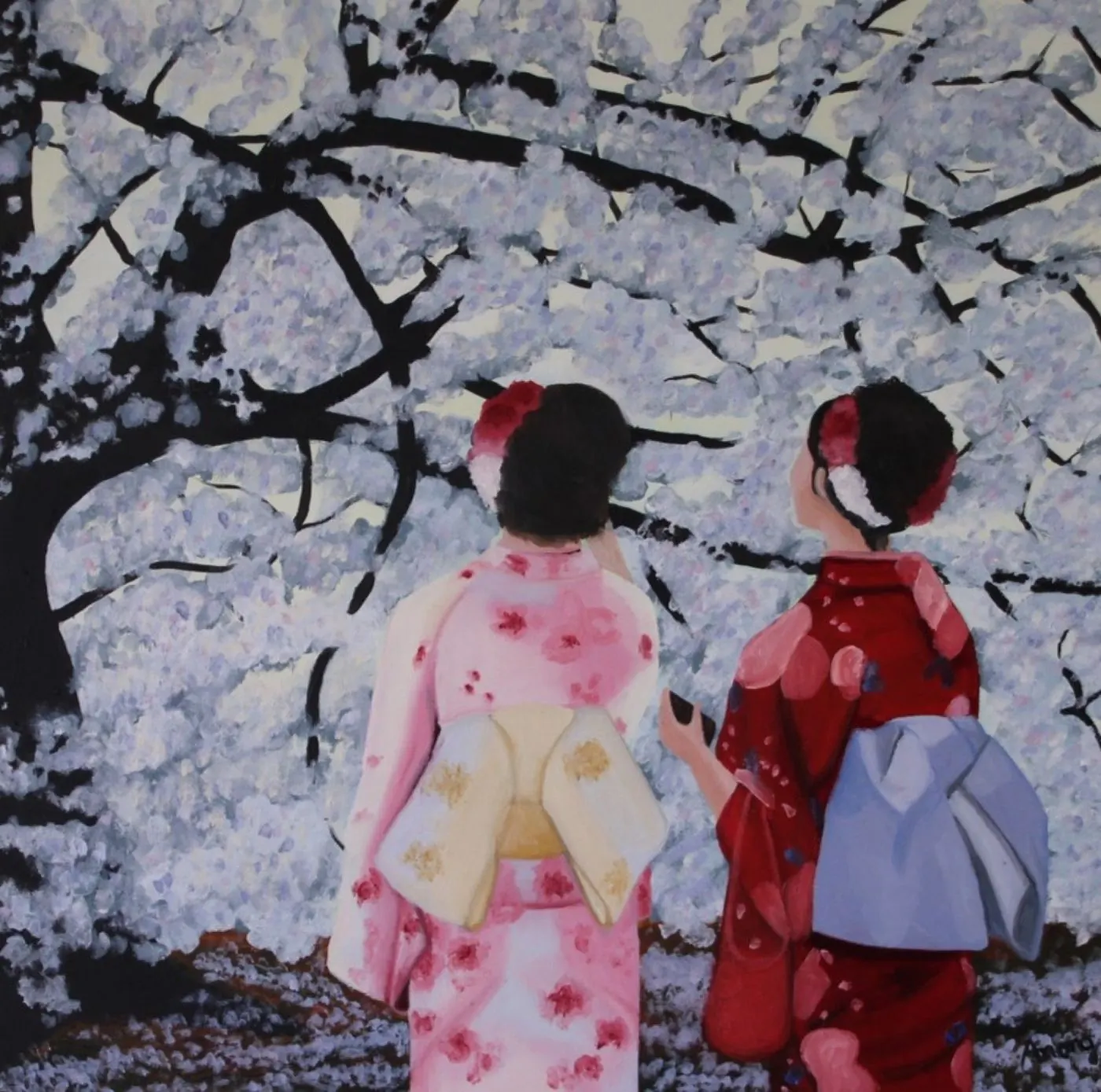 En contemplation devant le cerisier, huile sur toile d'Anong Lopes