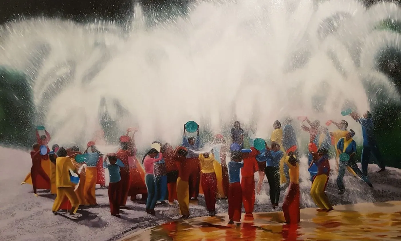 Détail de la toile « Eau de la joie », peinture à l’huile d’Anong Lopes