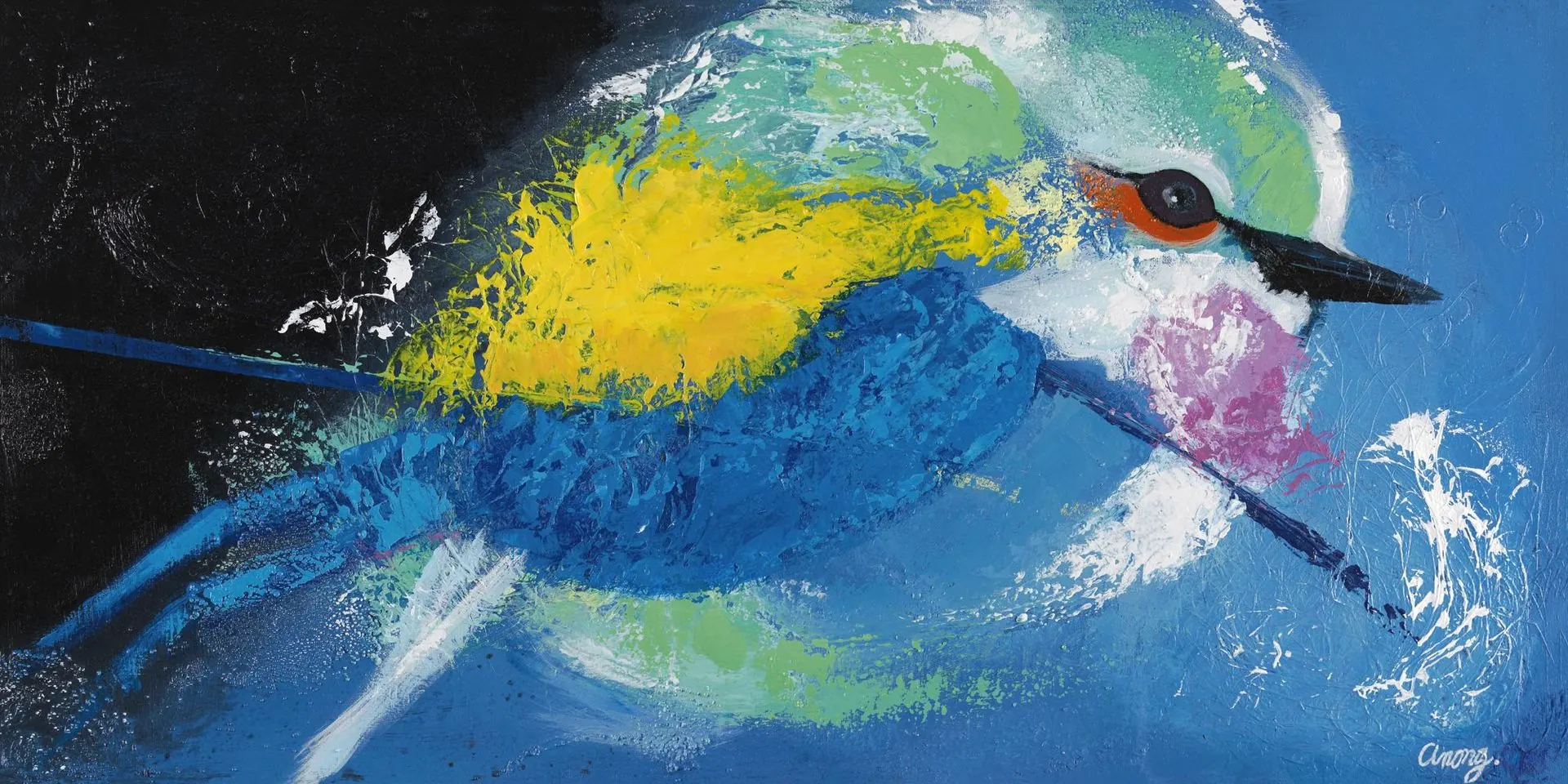 Détail de la toile « L’oiseau univers », peinture à l’huile d’Anong Lopes