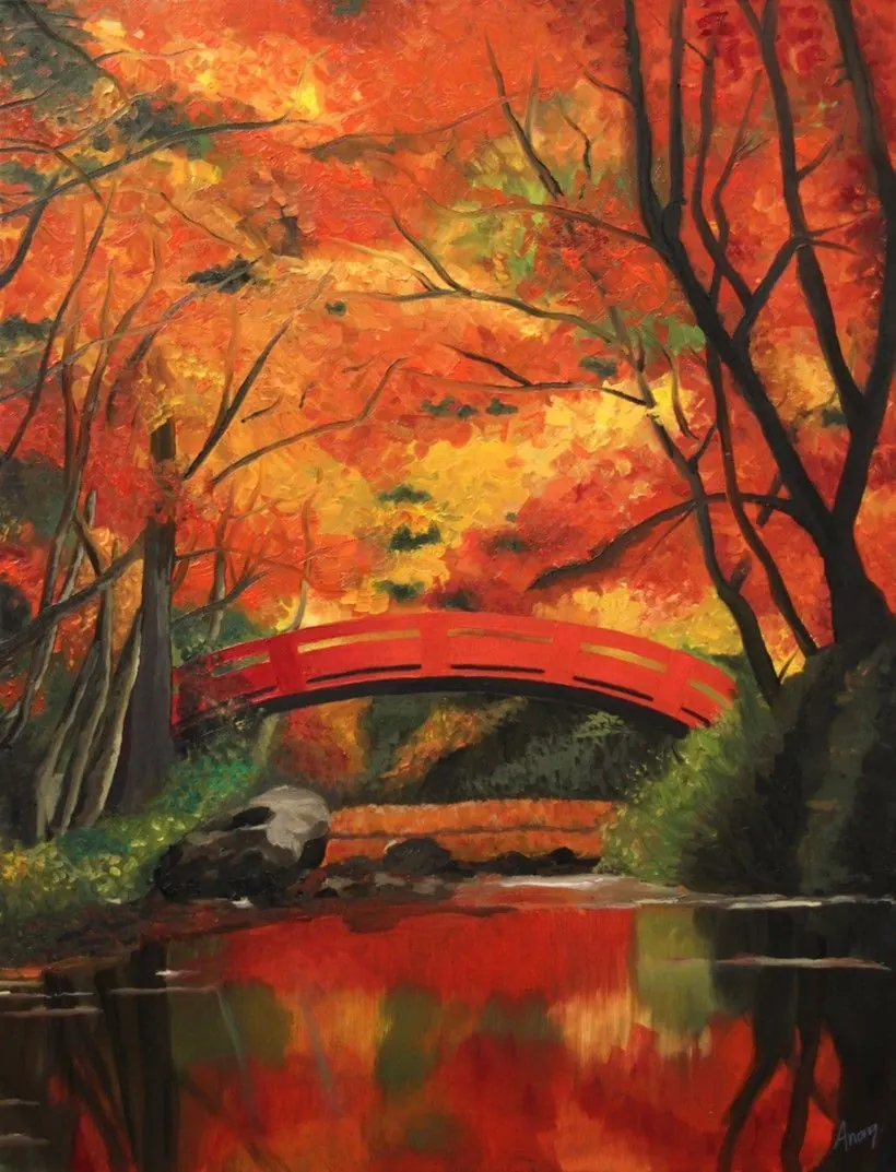 Pont rouge Japon, peinture d’Anong Lopes